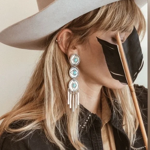 The 2Bandits Stainless Steel And Turquoise Howlite Concho Feather Drop Earring - Picture 3 of 7